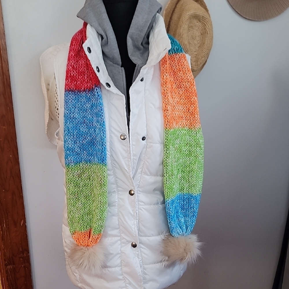 Handmade Multicolor Knit Scarf with Pom Poms